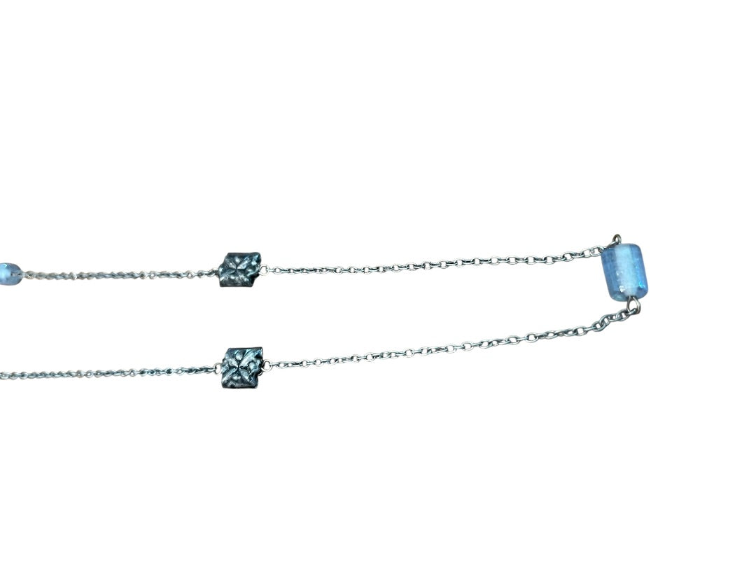 Small Blue Bead and Silvertone Bead Chain Adjustable Necklace 57 Inch