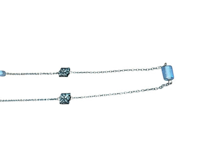 Small Blue Bead and Silvertone Bead Chain Adjustable Necklace 57 Inch