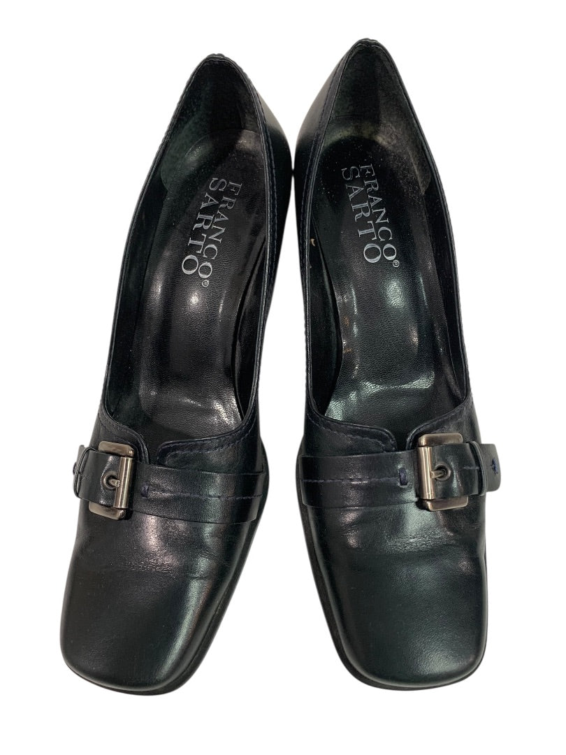 Size 7.5M Franco Sarto Womens Black Leather Shoes Square Toe 3" Heel