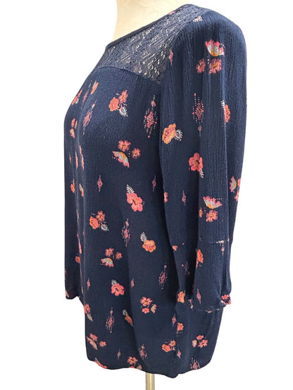 Size 18.5 Mudd Girls Boho Navy Blue Pink Print Blouse Shirt Lace