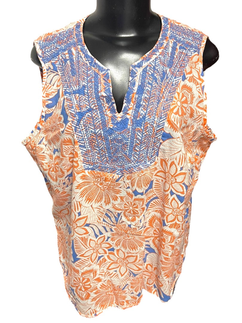 XL Talbots Floral Embroidered Cotton Sleeveless Shirt Boho Pullover