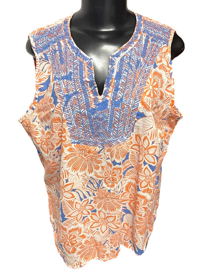 XL Talbots Floral Embroidered Cotton Sleeveless Shirt Boho Pullover