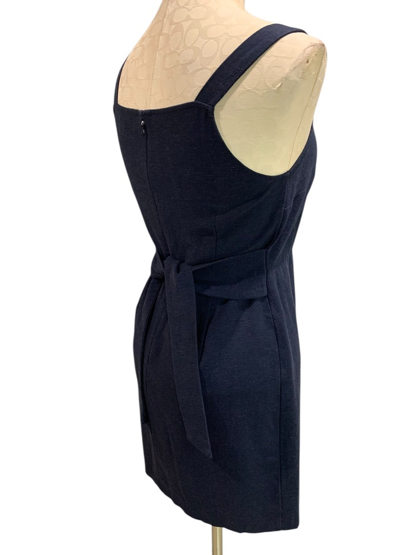 Size 4P Loft Navy Blue Belted Dress Sleeveless Back Zip Linen Blend