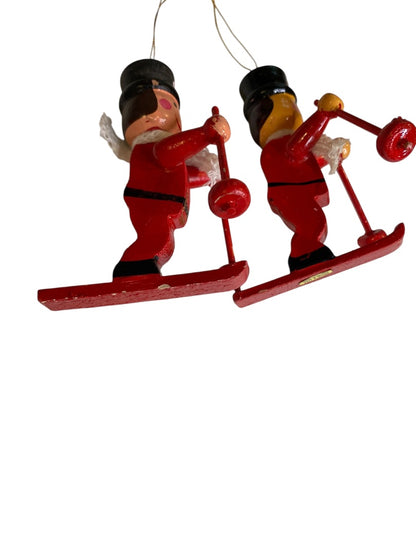 Vintage Wooden Christmas Holiday Ornaments Skiers 3.5" Red