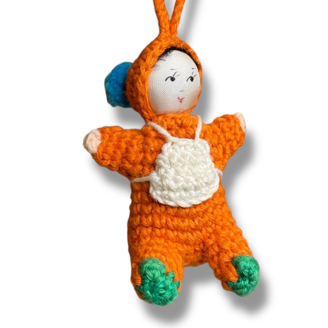 Vintage Amigurumi Japanese Crochet Baby Doll 2" Silk Face Orange