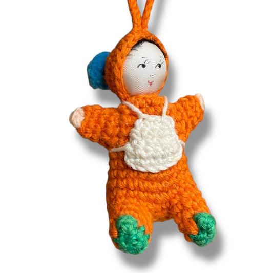 Vintage Amigurumi Japanese Crochet Baby Doll 2" Silk Face Orange