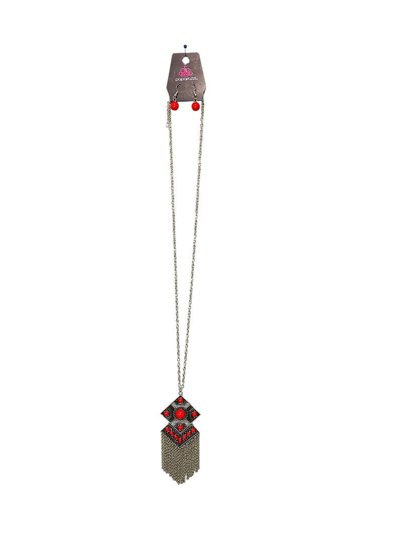 Paparazzi New Silvertone Necklace and Earring Set Red Beads 40"