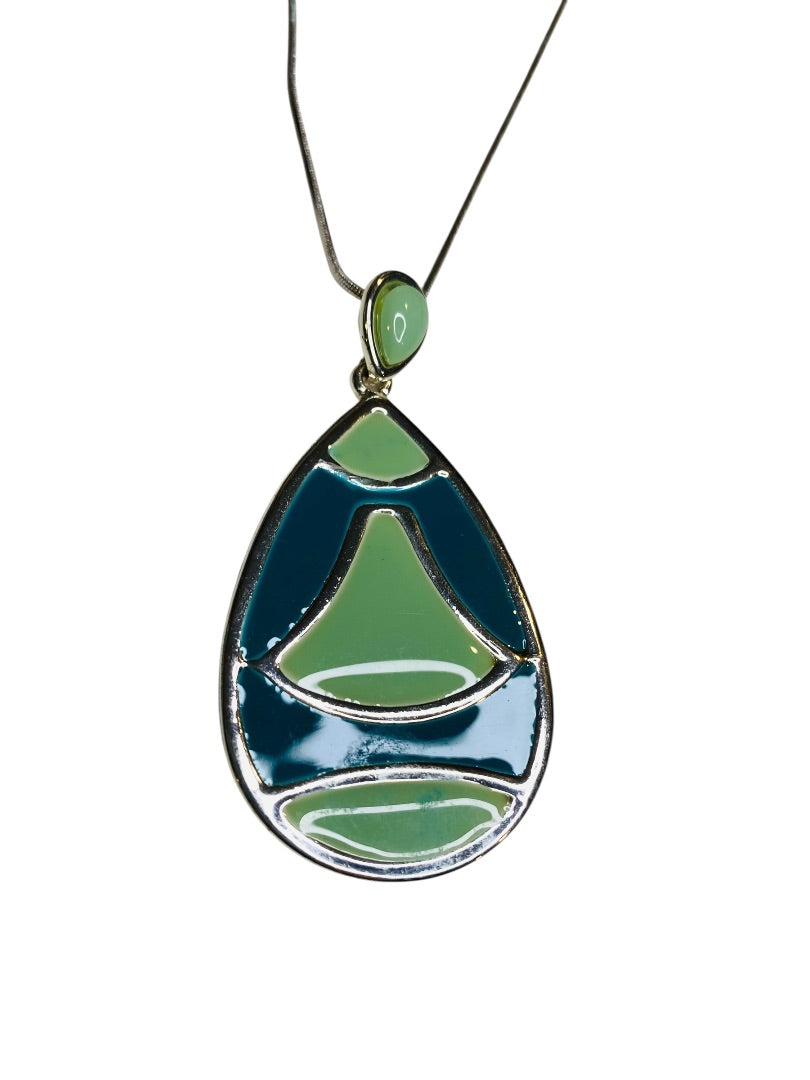Silvertone Enameled Pendant Necklace 15" Snake Chain 2.5" Pendant