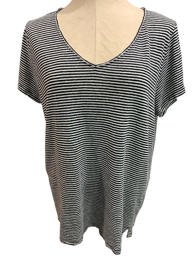XL Eileen Fisher Womens V-Neck Linen Blend Tshirt Black White Stripe