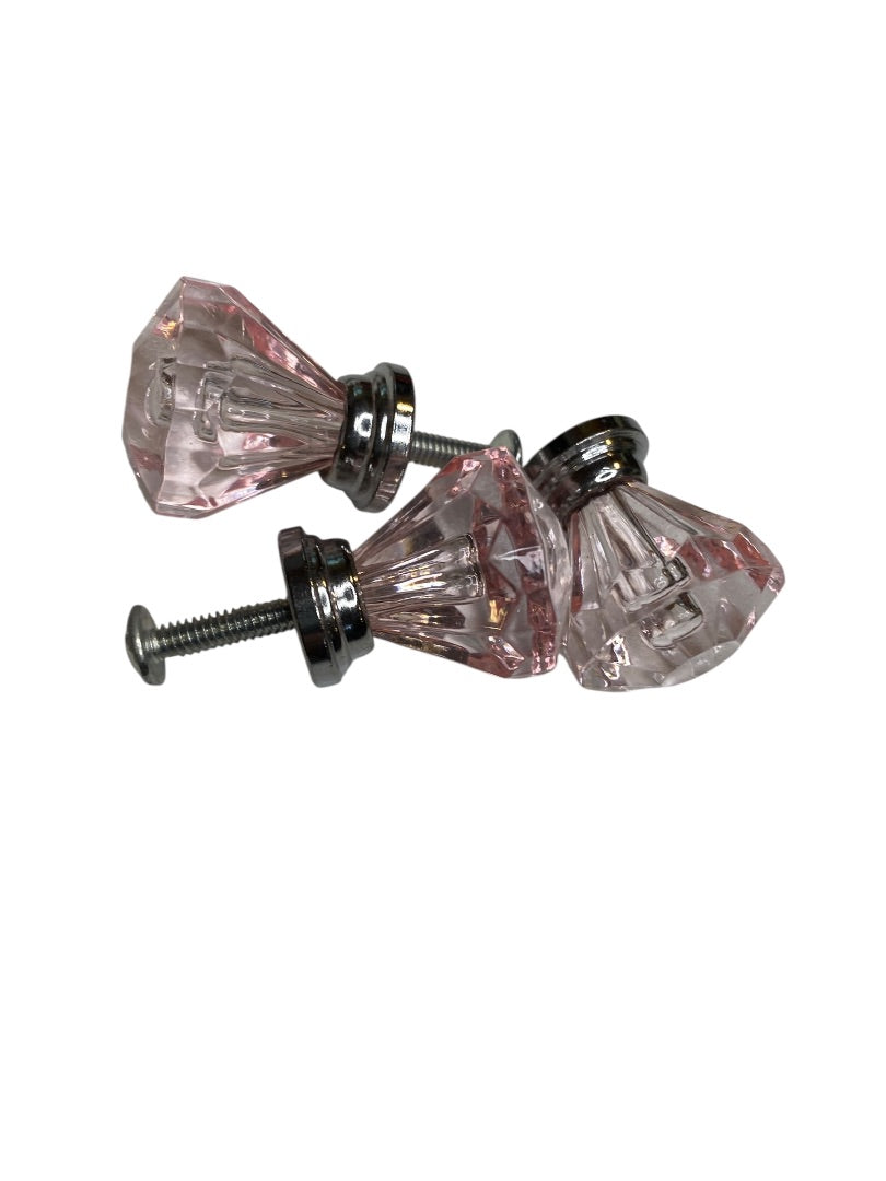 Set of 3 Pink and Silvertone Crystal Knobs Drawer Pulls 25mm 1" New