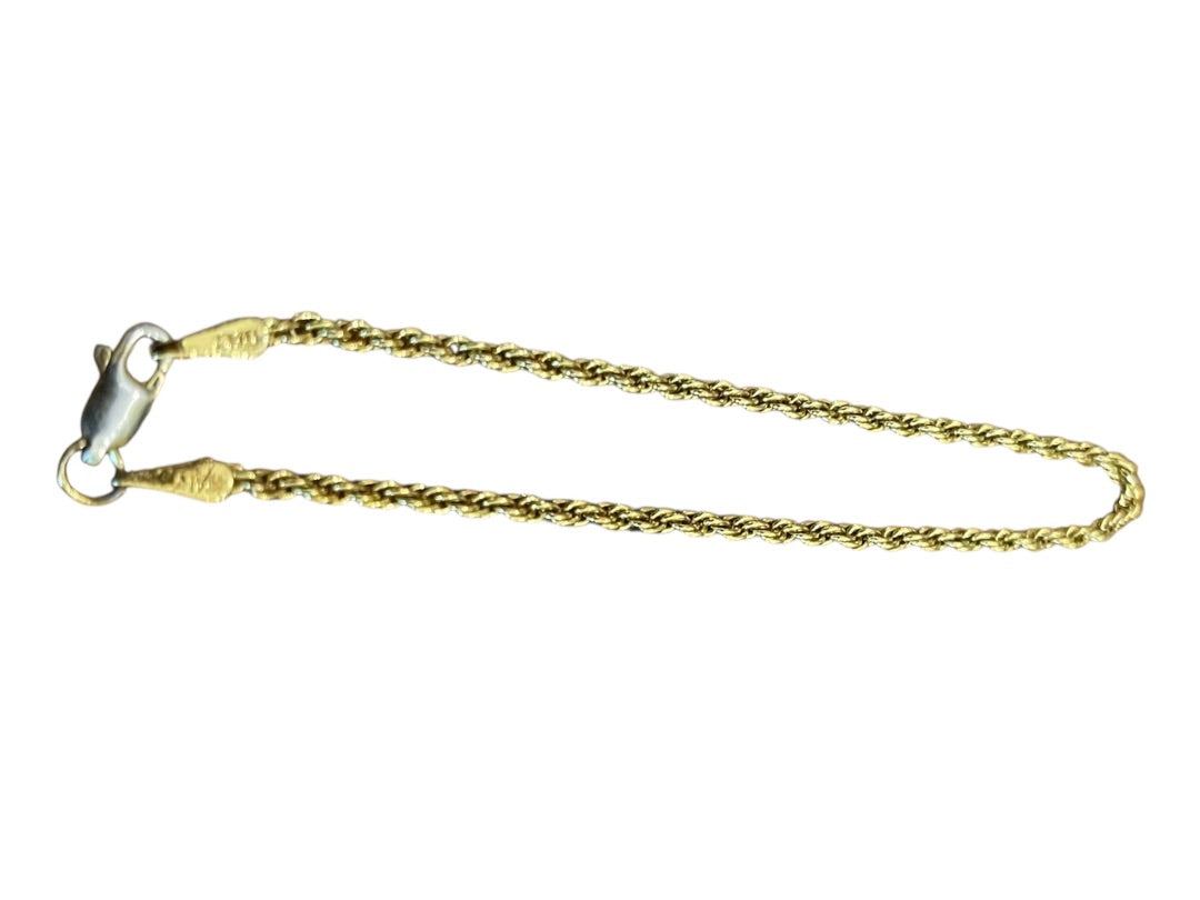 7" Gold Plated Rope Chain Bracelet Stamped 925