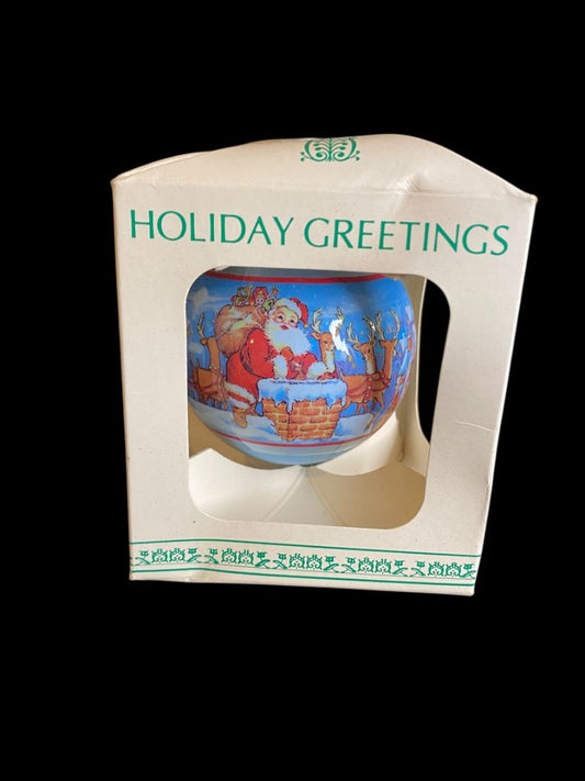 Christmas Ornament Blue Satin Spun Ball Santa Good Night Vintage