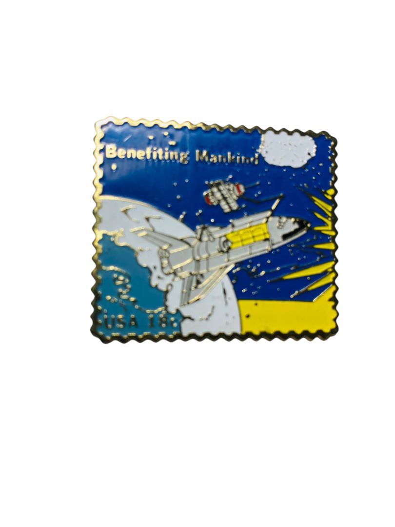 Vintage Pin Stamp Reproduction Space Shuttle Benefiting Mankind USPS 1.5"