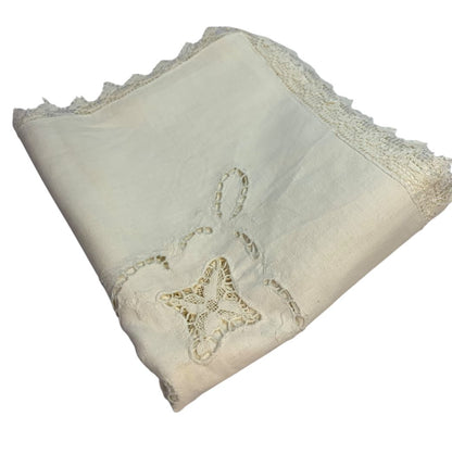 Vintage Ivory Linen Tablecloth Lace Edge 33" x 36"