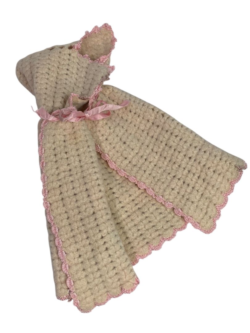 Vintage Wool Knit Cape Hooded for Baby Doll 10.5" Length Pink