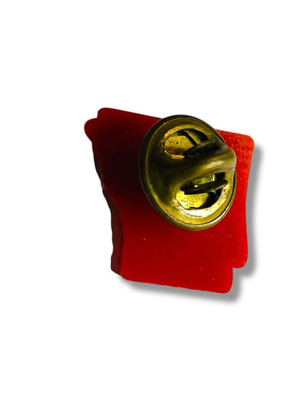 Vintage Red Plastic Lapel Pin See Arkansas First State .75"