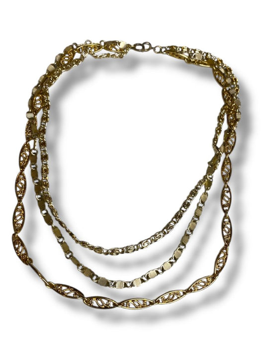 Vintage Goldtone Triple Strand Necklace Mixed Chains 17" Spring Clasp