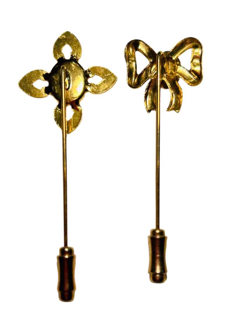 Set of 2 Stick Pins Goldtone Flower Bow Pink Cream Color 2.25"