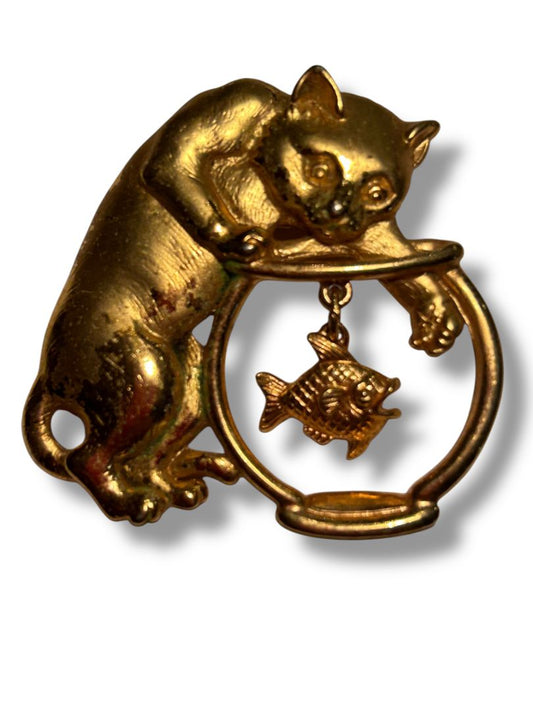 Signed J.J. Jonette Cat in Fishbowl Goldtone Brooch Pin 2"