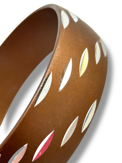 Brown Metallic Bangle Bracelet Silvertone Design 2.5" Diameter .75" Thick