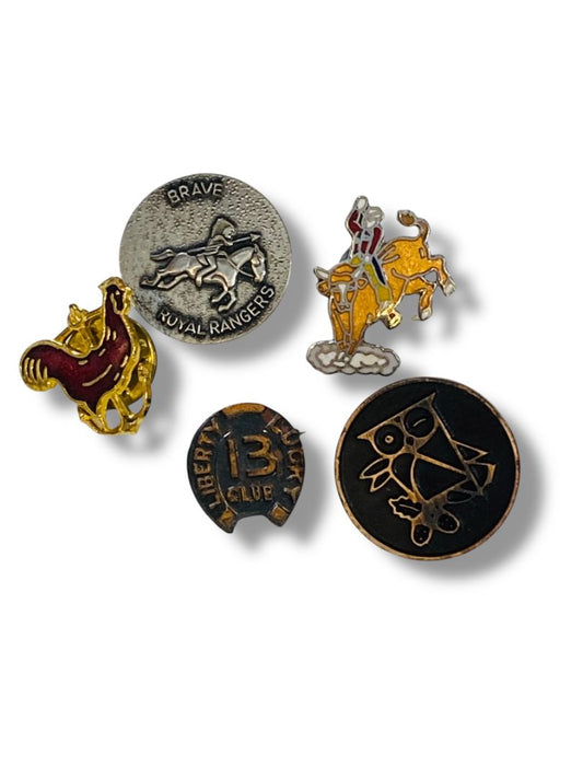 Lot of 5 Vintage Lapel Pins Rodeo Royal Rangers Owl Horseshoe