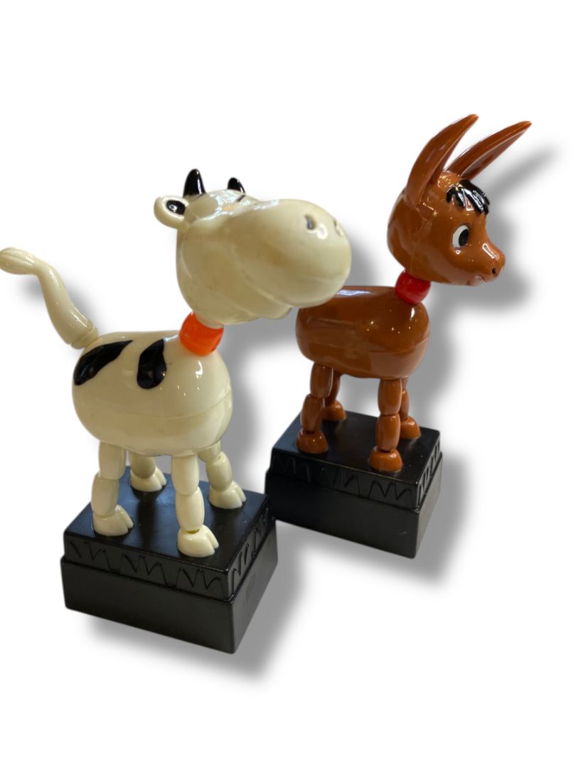 Thumb Puppet Push Toy Collapsing Set of 2 Plastic Horse Cow 4.5"