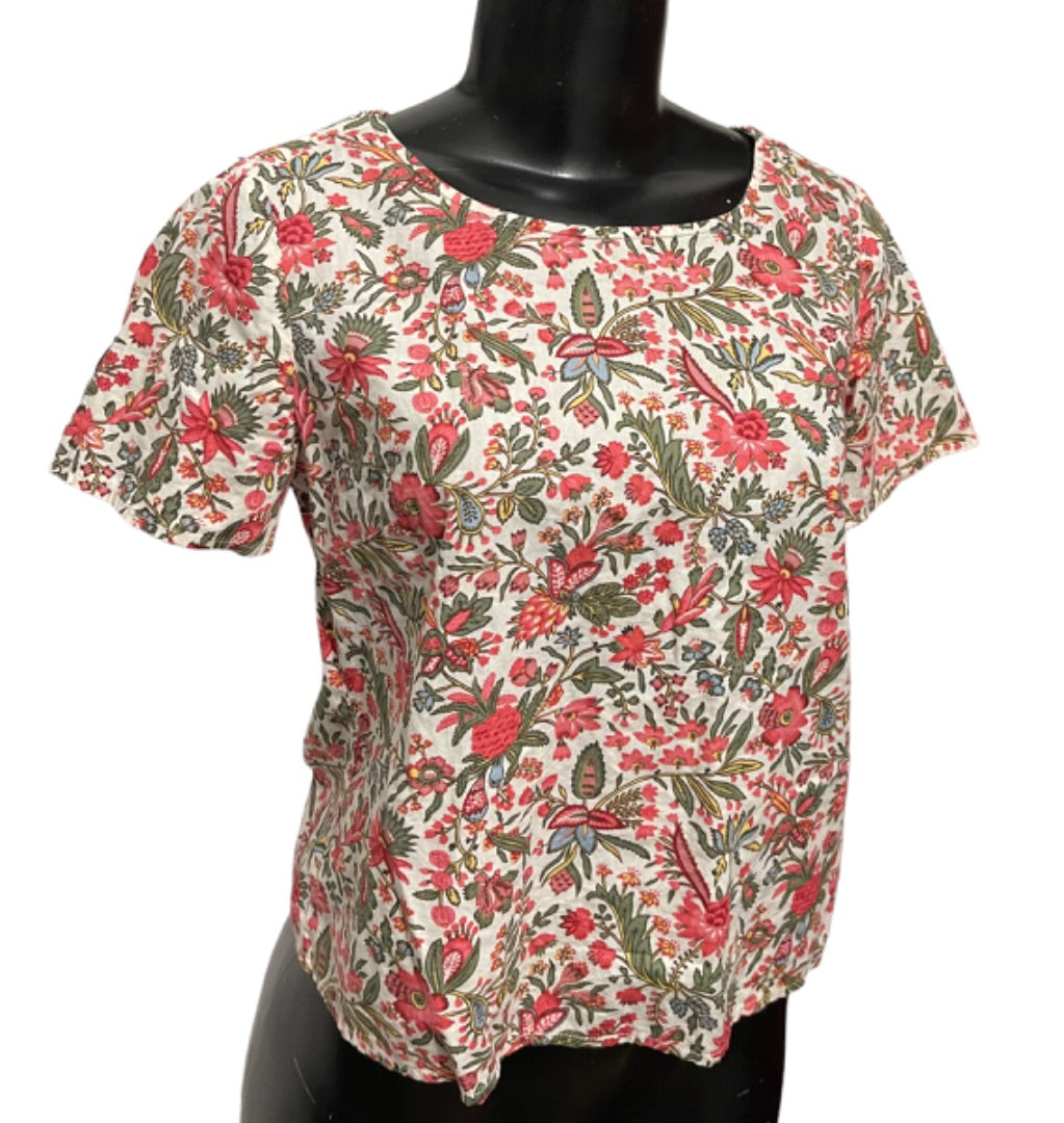 XS Madewell Floral Cotton Short Sleeve Pullover Petal Back Blouse