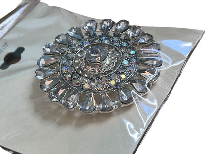 NEW Silver Tone Rhinestone EsMor Statement Flower Brooch Round