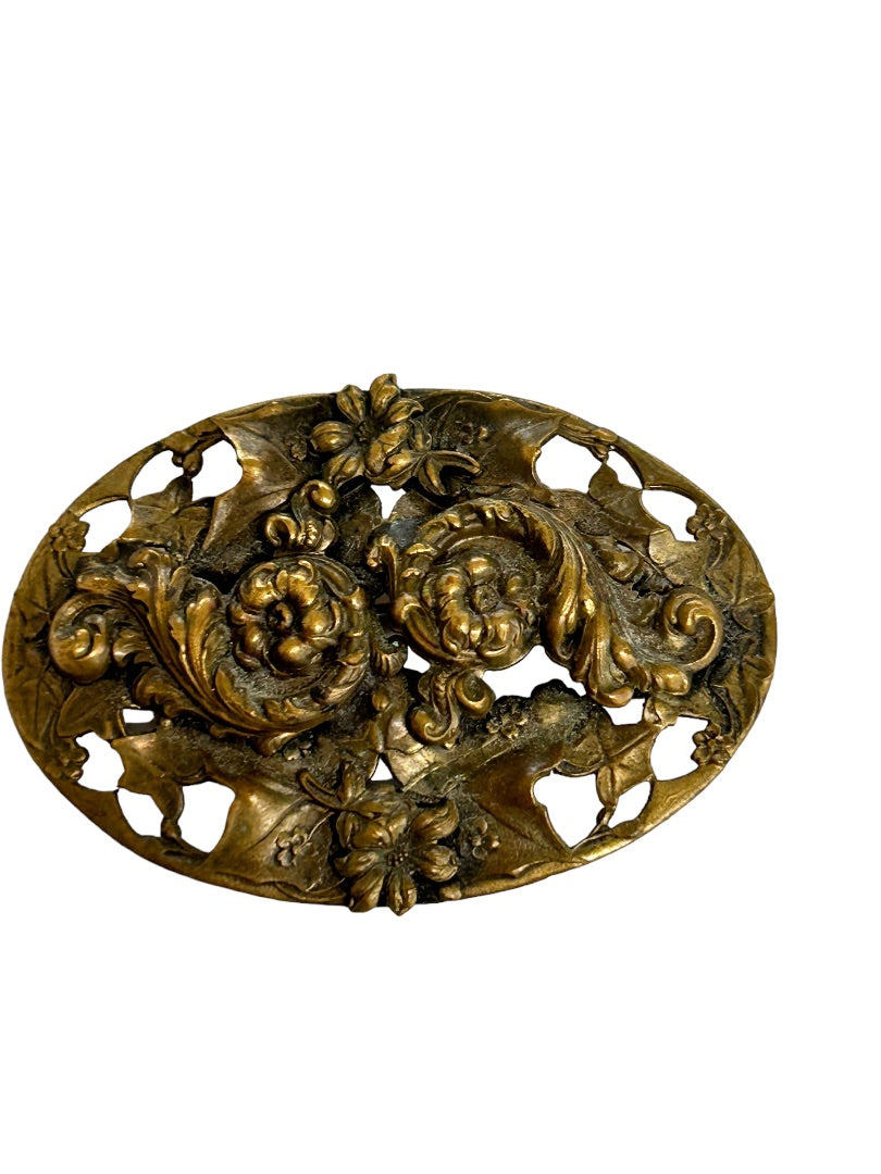 Statment Antique Brass Floral Repousse Brooch Large Oval Art Nouveau Swags Flowers