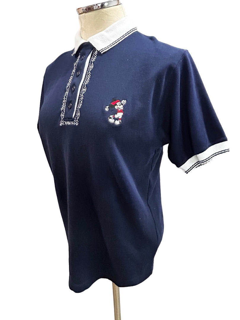 Medium Lady Divots 1990s Vintage Mickey Mouse Navy Blue Women's Golf Shirt