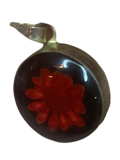 Vintage Silvertone Resin Pendant .7" Diameter Black Red Flower