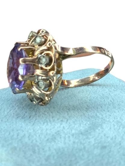 Size 6.5 Vintage Signed MKA 8 Ring 10K Yellow Gold Intricate Design Round Synthetic Stone