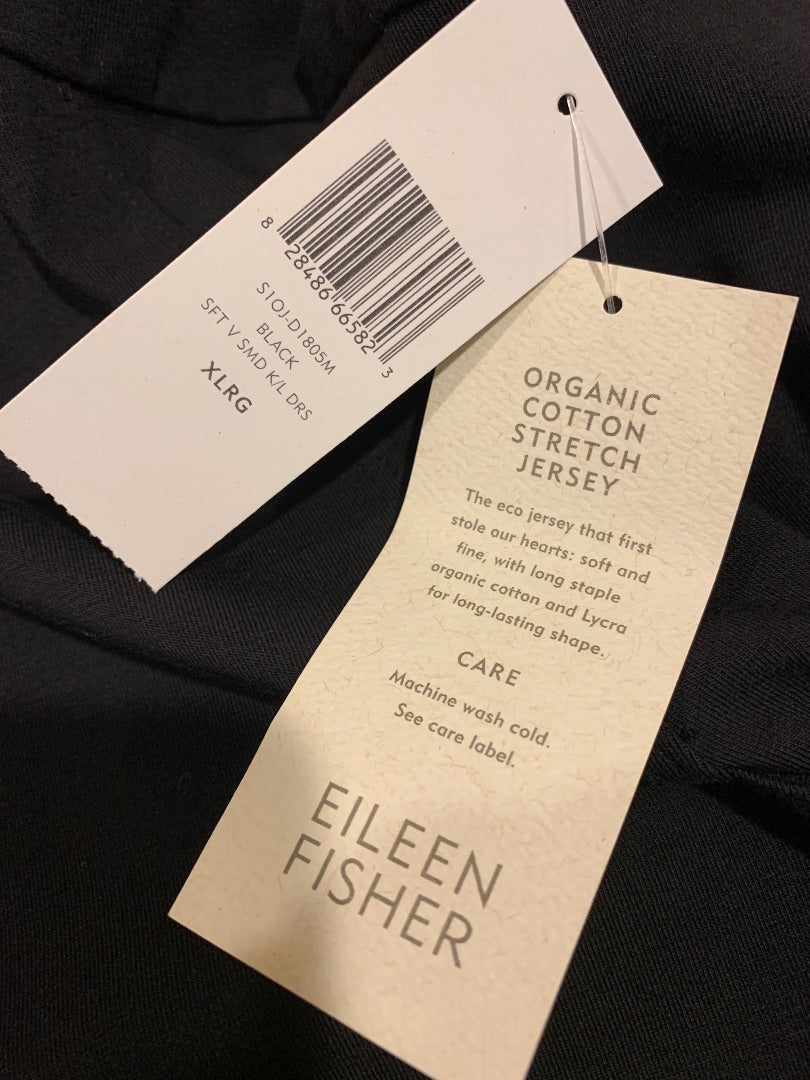 XL Eileen Fisher New Black  Organic Cotton Stretch Jersey Dress Pockets Sleeveless A-Line