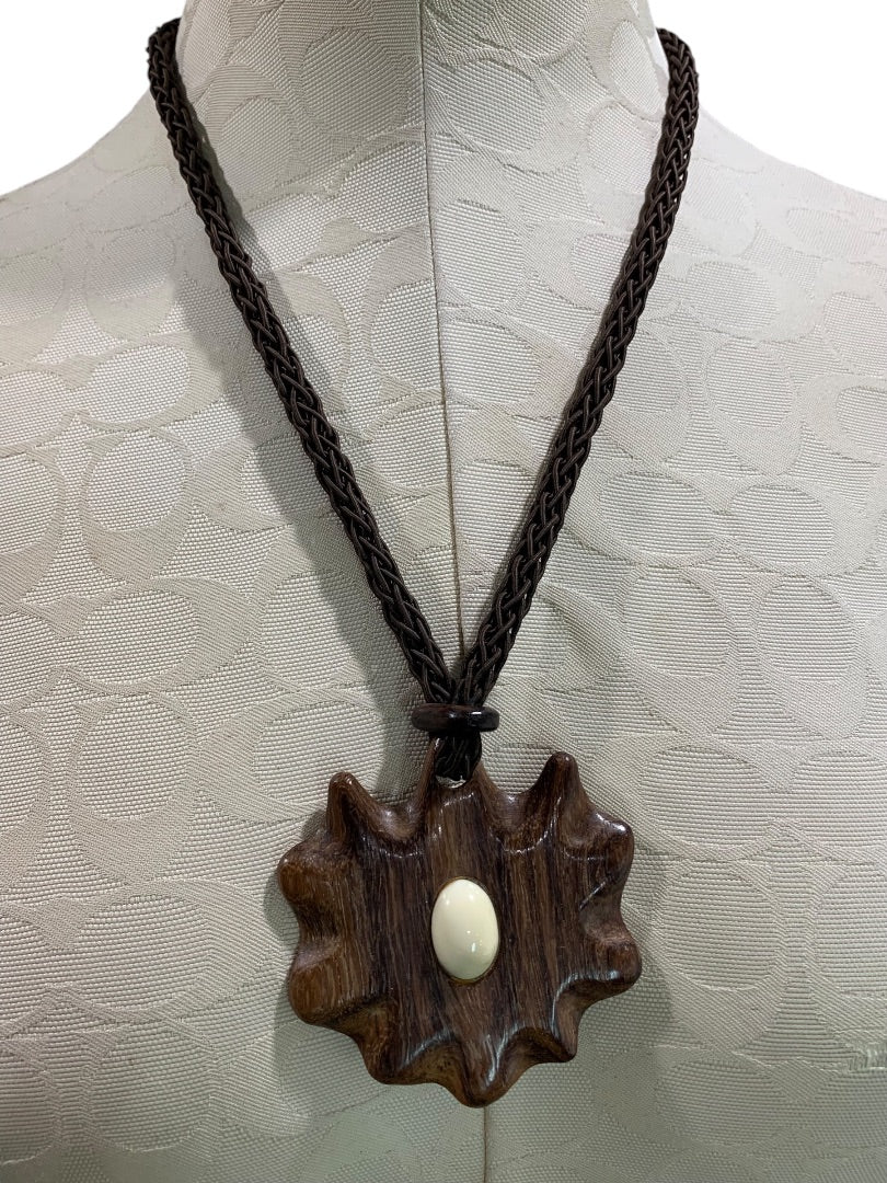 Vintage Wooden Medallion Tie Closure Necklace Statement Medallion Faux Wood