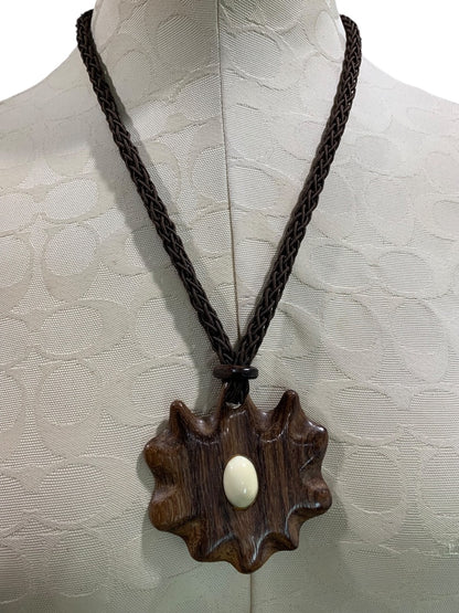 Vintage Wooden Medallion Tie Closure Necklace Statement Medallion Faux Wood