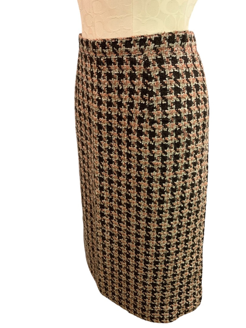 Large Vintage 1970s  Pattern Straight Skirt Wool Blend Lined Brown Pink