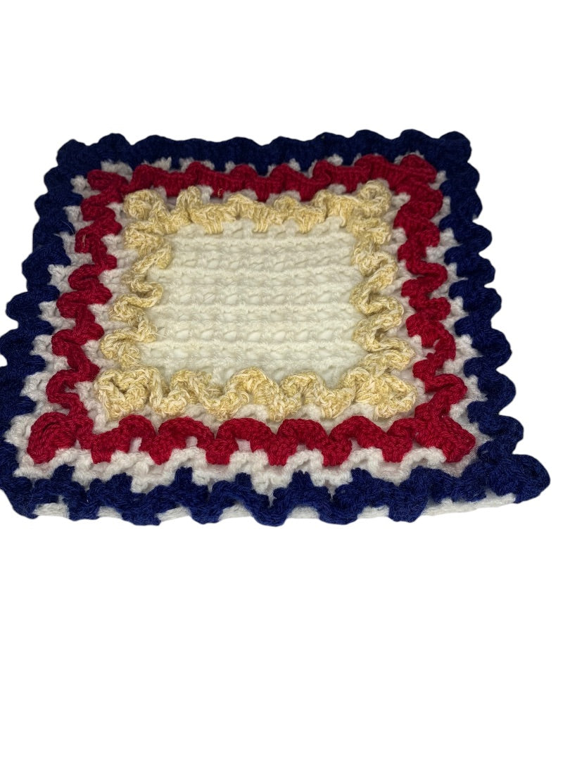 Vintage 1970s Handmade Crocheted Doily Red White Blue 9.5x10.5 Inches