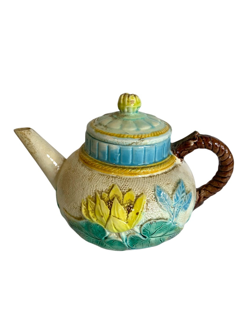 English Majolica Tea Pot Pond Lily and Rope Antique Lidded