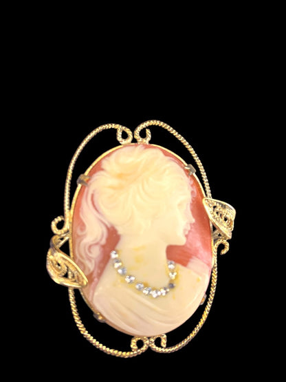 Vintage Cameo Brooch Pin Goldtone Ornate Defect 2.2 Inches Crystal Necklace