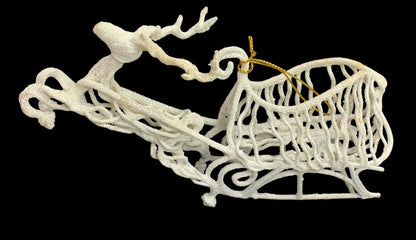 1990s White Flocked Wire Art Reindeer Sleigh Ornament 7 Inch