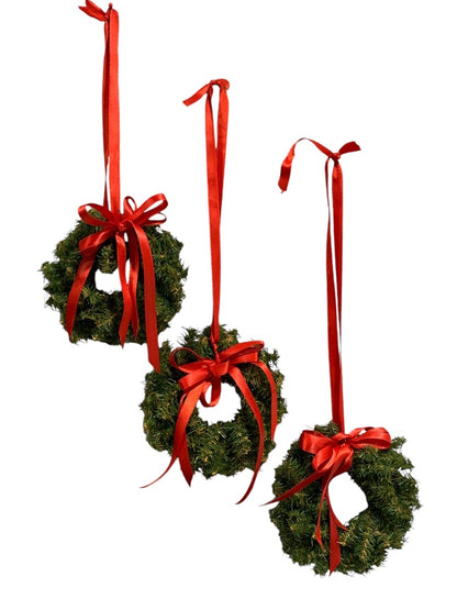 Set of 3 Small Vintage Wreaths Red Ribbon Ornaments 5 Inch