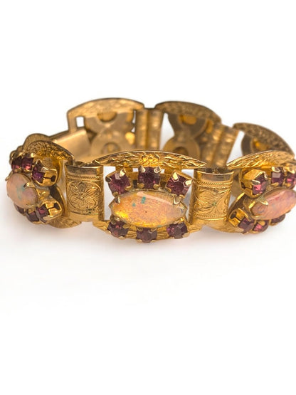 Vintage Ornate Goldtone Bracelet Pink Purple Stones 7 Inch Box Clasp