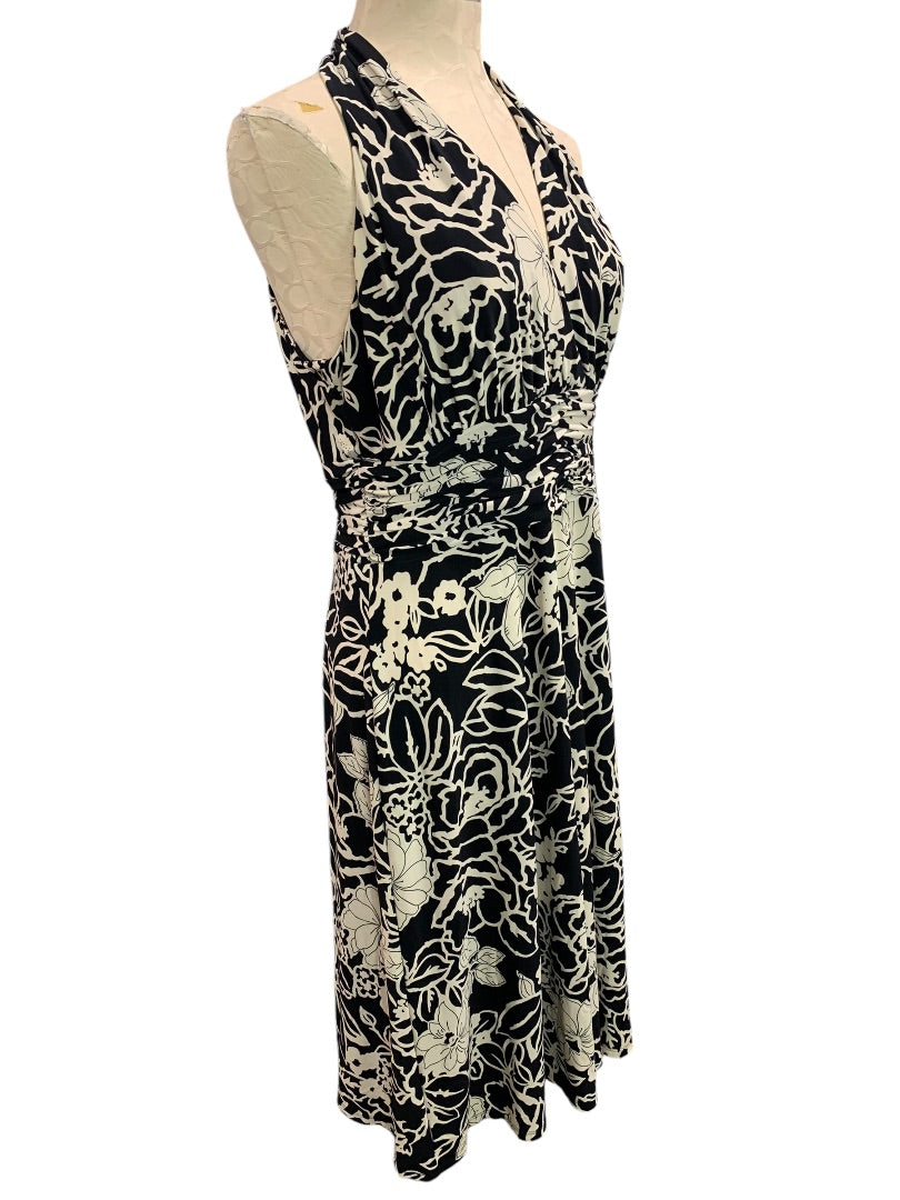 Size 12 Jones Wear Dress Black Ivory Print Pullover Stretch A-Line Midi