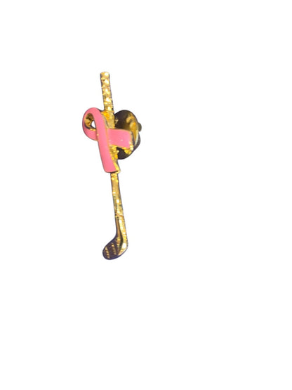 Goldtone Golf Club Lapel Pin Pink Ribbon Breast Cancer Awareness 1.75 Inches