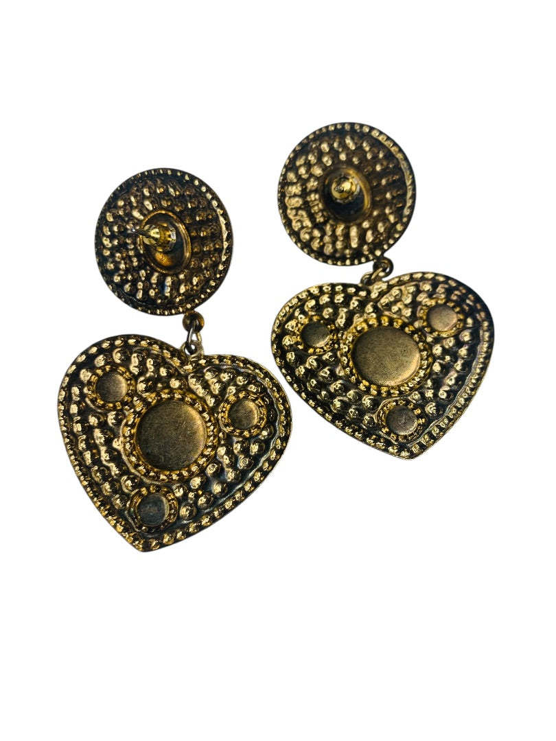 1980s Heart Goldtone Lightweight Earrings Post Pierced 2.3" Drop
