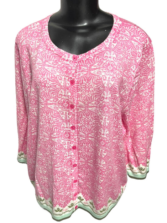 3X Talbots Plus Womens Lightweight 3/4 Sleeve Cardigan Sweater Pink Contrast Trim