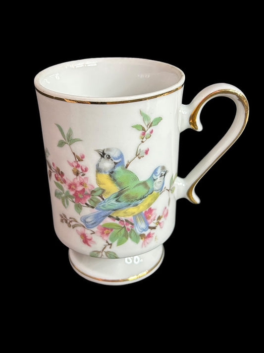 Royal Crown Pedestal Ceramic Bird Mug Gold Trim Brown White Gray Throat