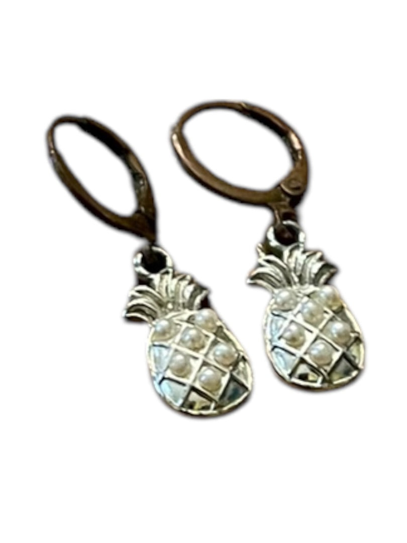 Pineapple Silvertone Copper Hook Faux Pearl 1.25" Pierced Earrings