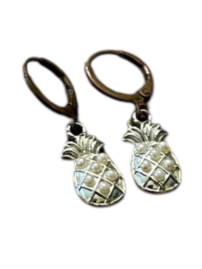 Pineapple Silvertone Copper Hook Faux Pearl 1.25" Pierced Earrings