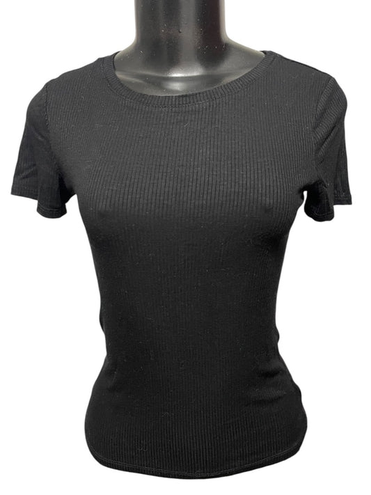 Medium Hashtag In Trend Short Sleeve Ribbed Womens Top Black